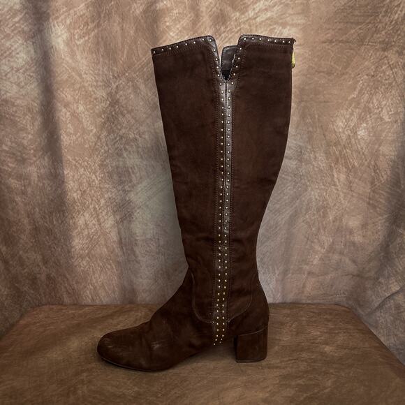Adrinnne Vittadini Studded Riding Boots Brown Faux Suede Chunky Heel Women's 8 - Picture 4 of 10